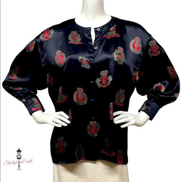 ESCADA Margaretha Ley Vintage 80s Button Up Silk Blouse Medals Crest 40 10 OVRSZ - Picture 10 of 14